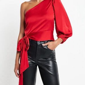 Express satin tie waist red one shoulder blouse size XL
